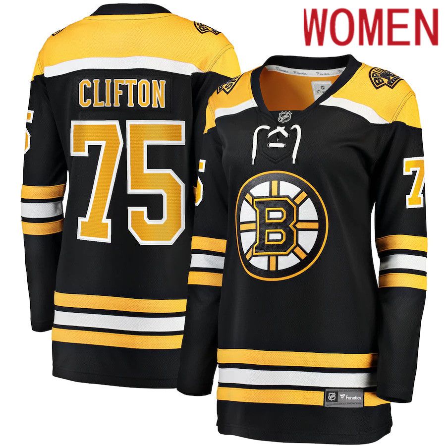 Women Boston Bruins #75 Connor Clifton Fanatics Branded Black Home Breakaway NHL Jersey